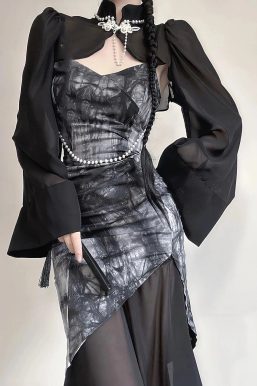 Goth Wide Sleeve Qipao Midi Dress