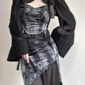 Goth Wide Sleeve Qipao Midi Dress