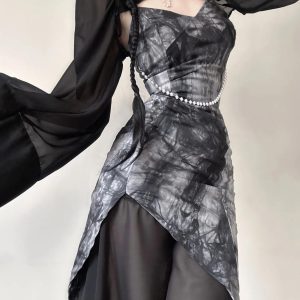 Goth Wide Sleeve Qipao Midi Dress