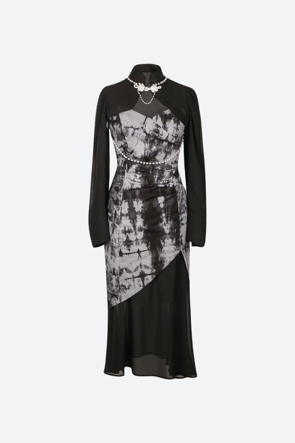 Goth Wide Sleeve Qipao Midi Dress