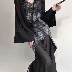 Goth Wide Sleeve Qipao Midi Dress