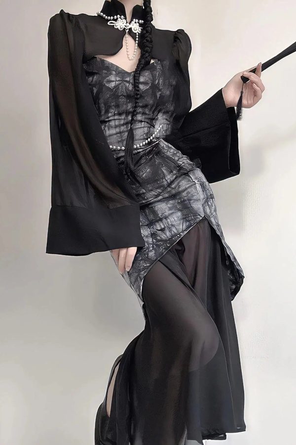 Goth Wide Sleeve Qipao Midi Dress