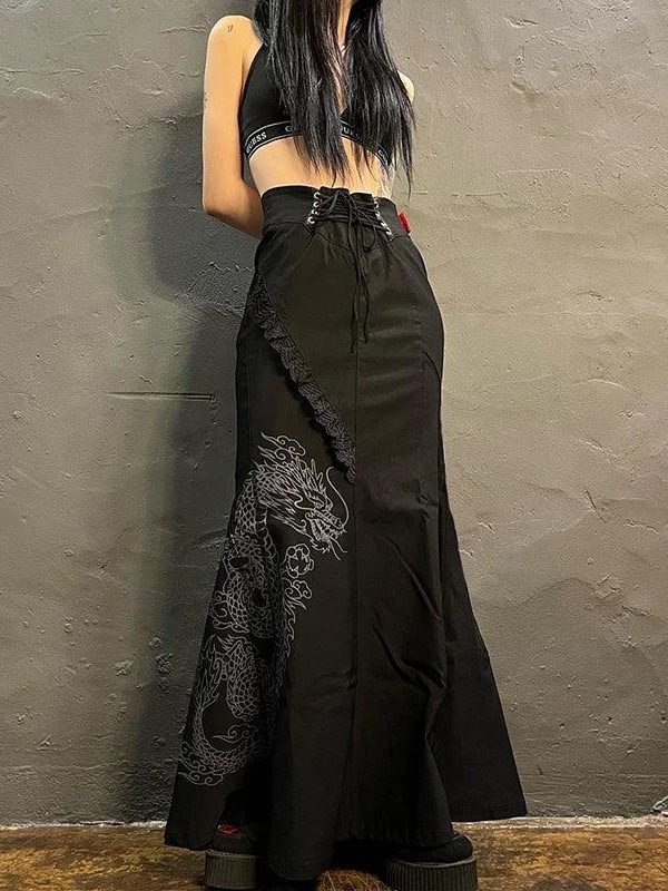 Gothic Dragon Printed Maxi Skirt