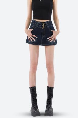 Grunge Belted Denim Mini Skirt