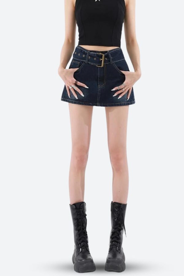 Grunge Belted Denim Mini Skirt