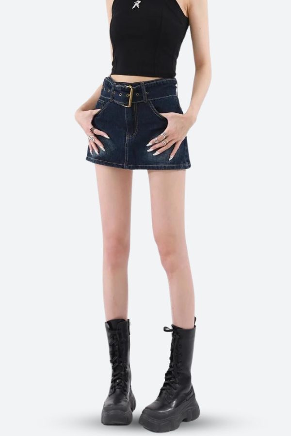Grunge Belted Denim Mini Skirt