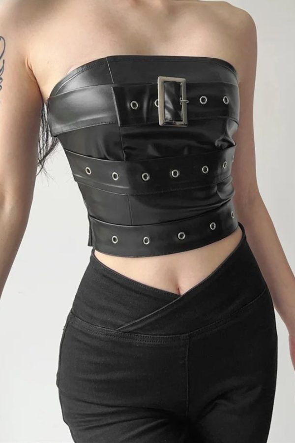 Grunge Belted Faux Leather Tube Top