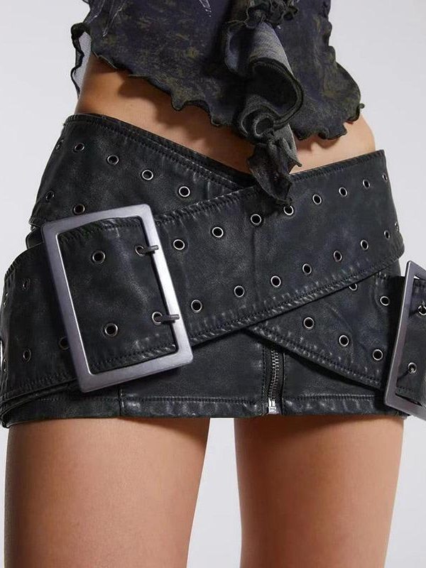 Grunge Cross Belt Faux Leather Mini Skirt