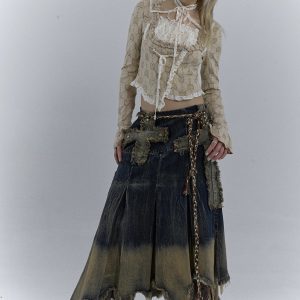Grunge Cross Patch Pleated Maxi Skirt