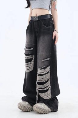 Grunge Dark Wash Distressed Jeans