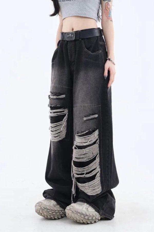 Grunge Dark Wash Distressed Jeans