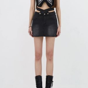 Grunge Denim Cross Belt Mini Skort