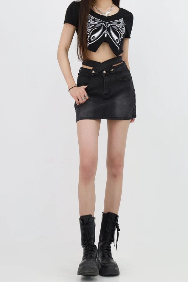 Grunge Denim Cross Belt Mini Skort