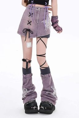 Grunge Denim Mini Skirt & Leg Warmers Two Piece Set