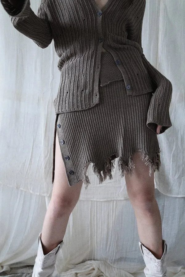 Grunge Distressed Cardigan & Mini Skirt Two Piece Set