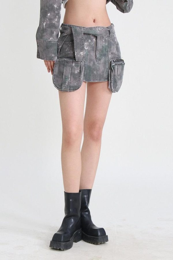 Grunge Distressed Cargo Denim Mini Skirt
