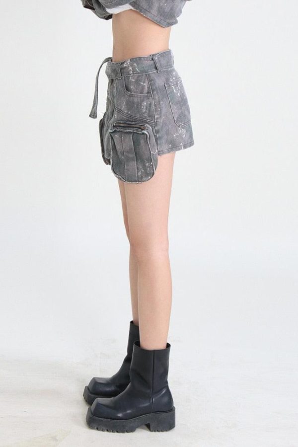 Grunge Distressed Cargo Denim Mini Skirt