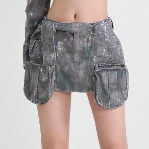 Grunge Distressed Cargo Denim Mini Skirt