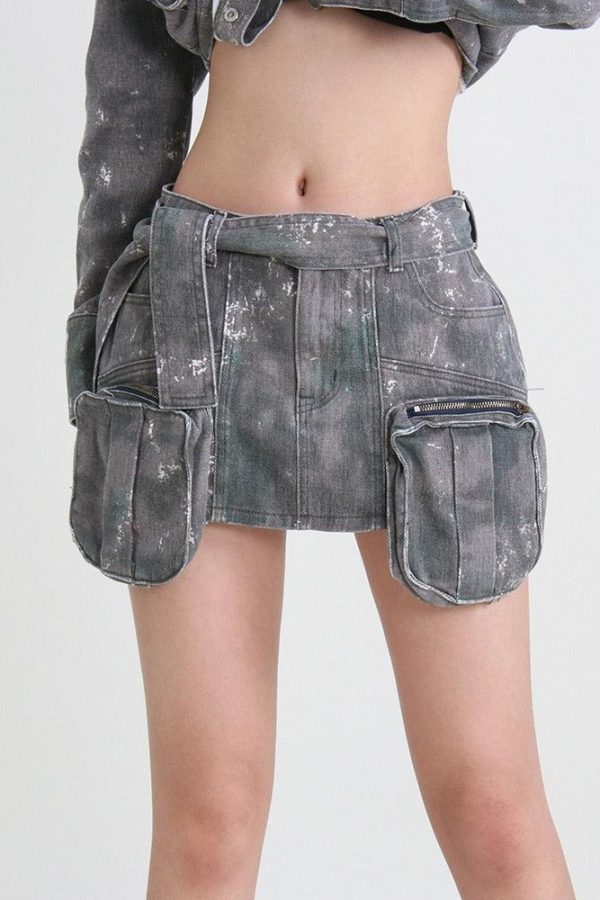 Grunge Distressed Cargo Denim Mini Skirt