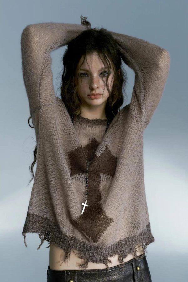 Grunge Distressed Cross Sweater