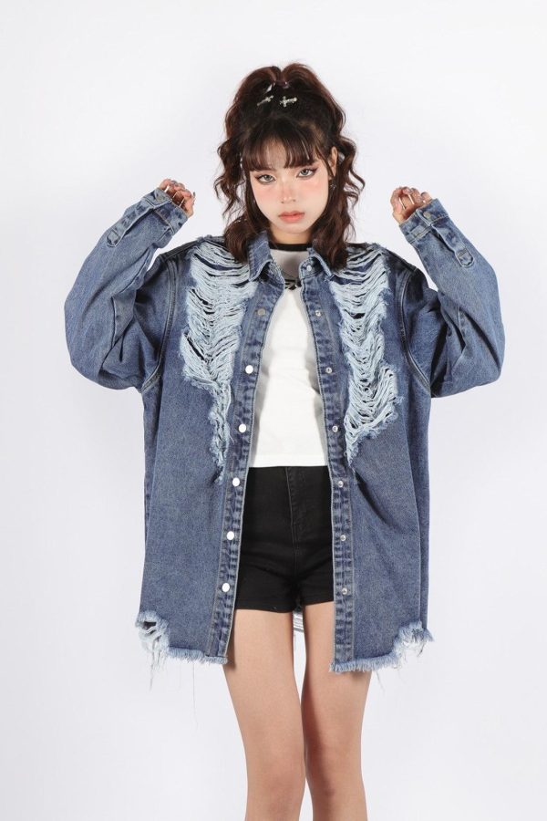 Grunge Distressed Long Denim Jacket