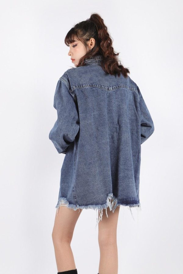 Grunge Distressed Long Denim Jacket