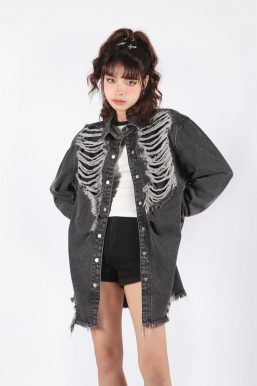 Grunge Distressed Long Denim Jacket