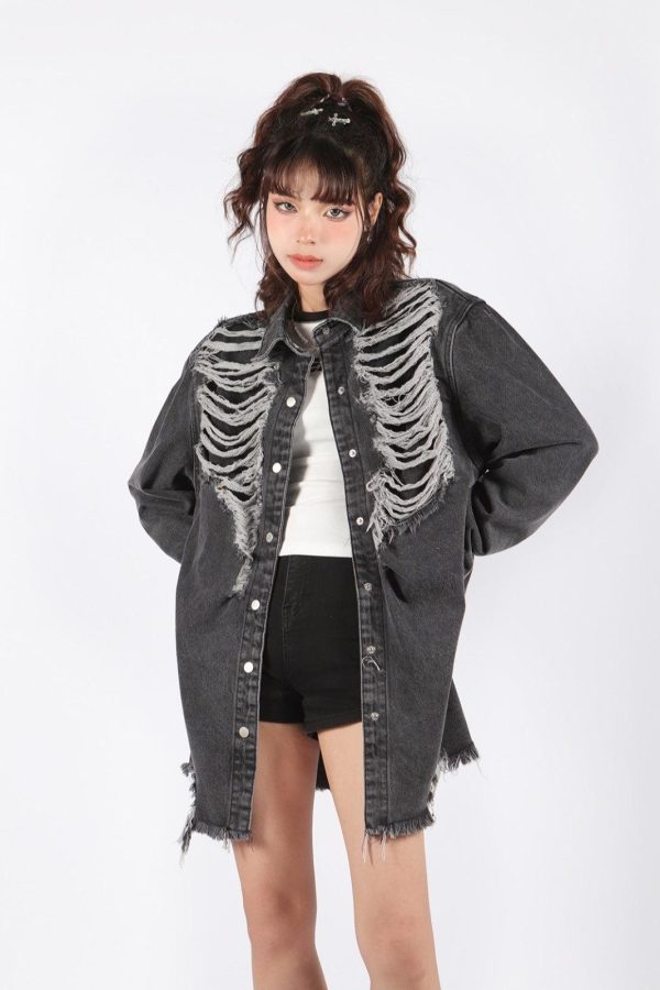 Grunge Distressed Long Denim Jacket
