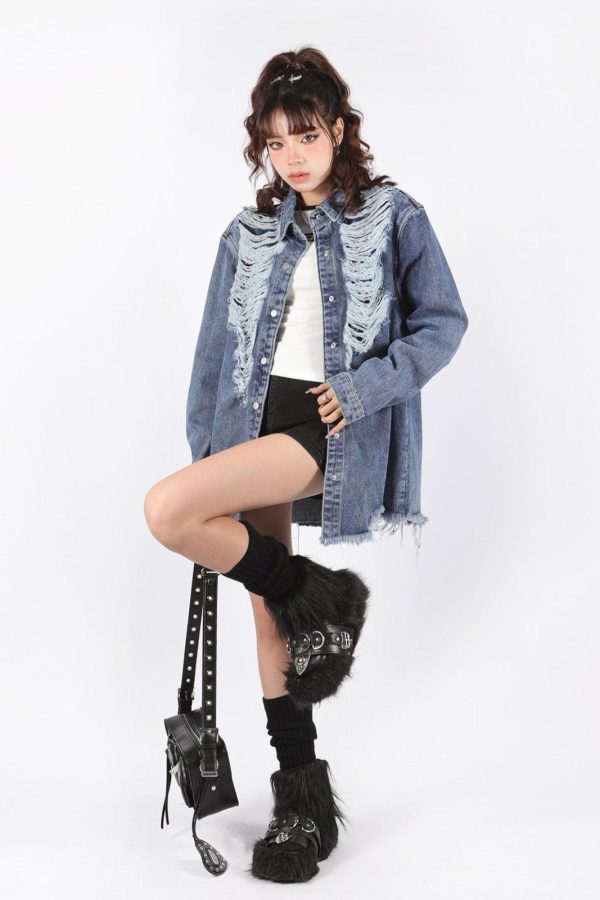 Grunge Distressed Long Denim Jacket