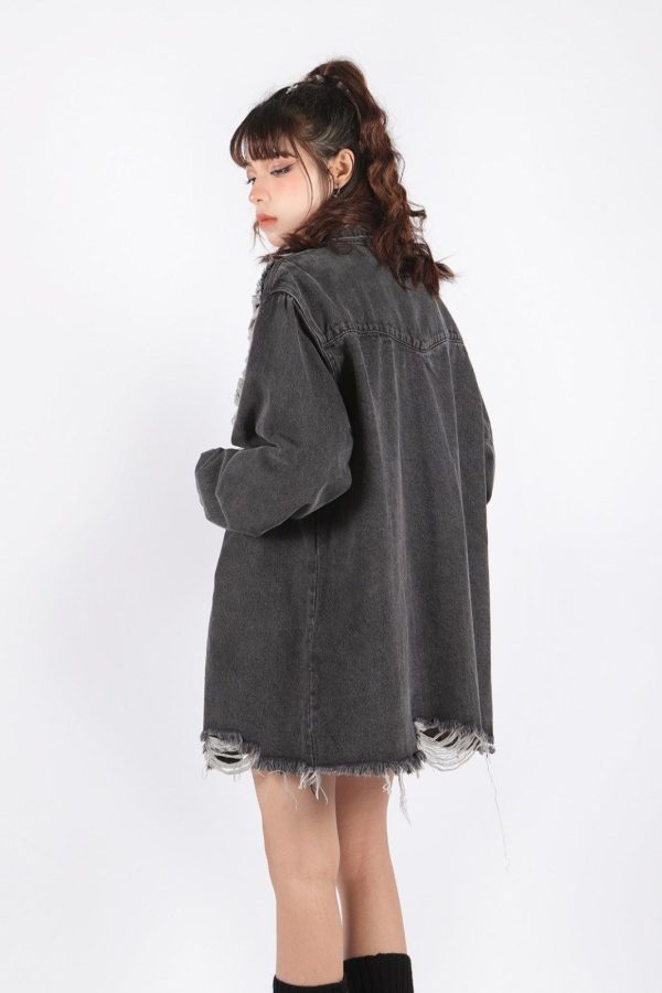 Grunge Distressed Long Denim Jacket