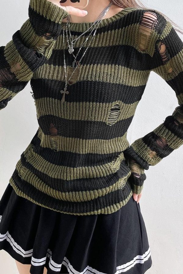 Grunge Distressed Striped Sweater