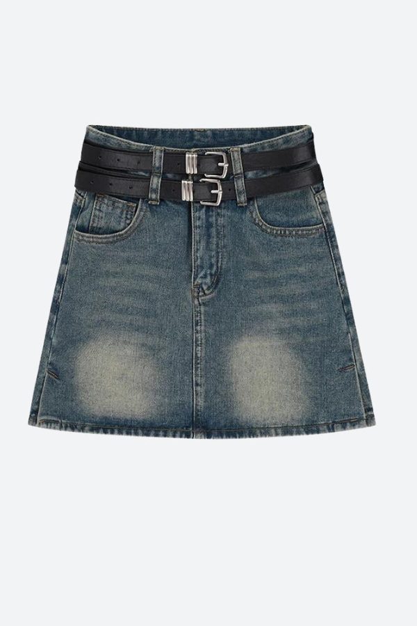 Grunge Double Belt Loop Denim Mini Skirt