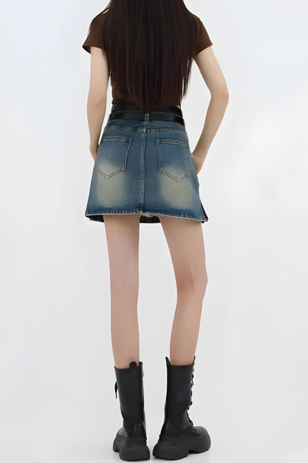 Grunge Double Belt Loop Denim Mini Skirt