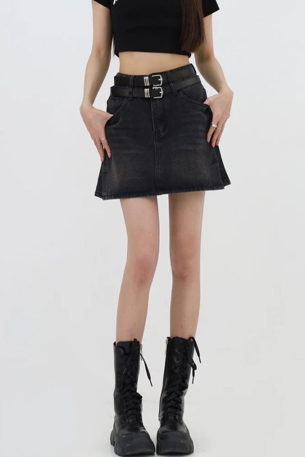 Grunge Double Belt Loop Denim Mini Skirt