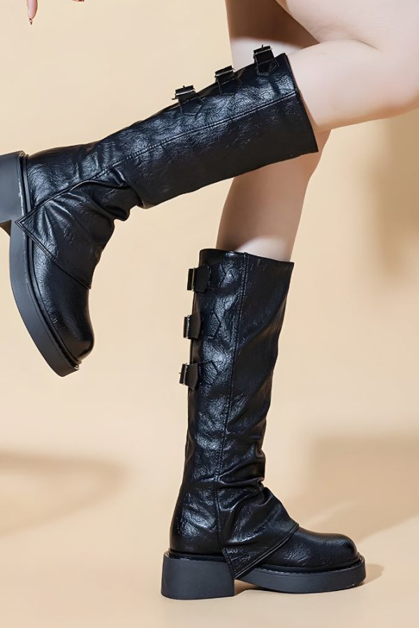Grunge Faux Leather Belted Boots