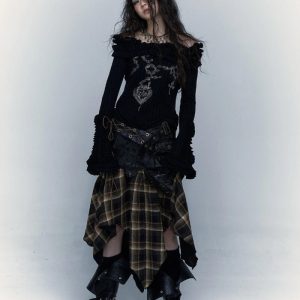 Grunge Faux Leather Plaid Midi Skirt