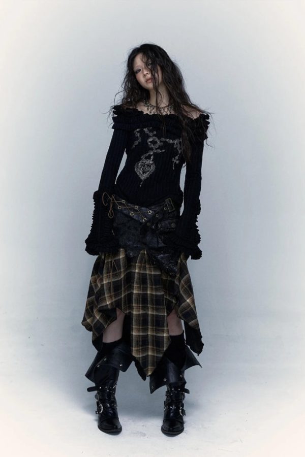 Grunge Faux Leather Plaid Midi Skirt