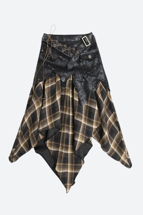 Grunge Faux Leather Plaid Midi Skirt