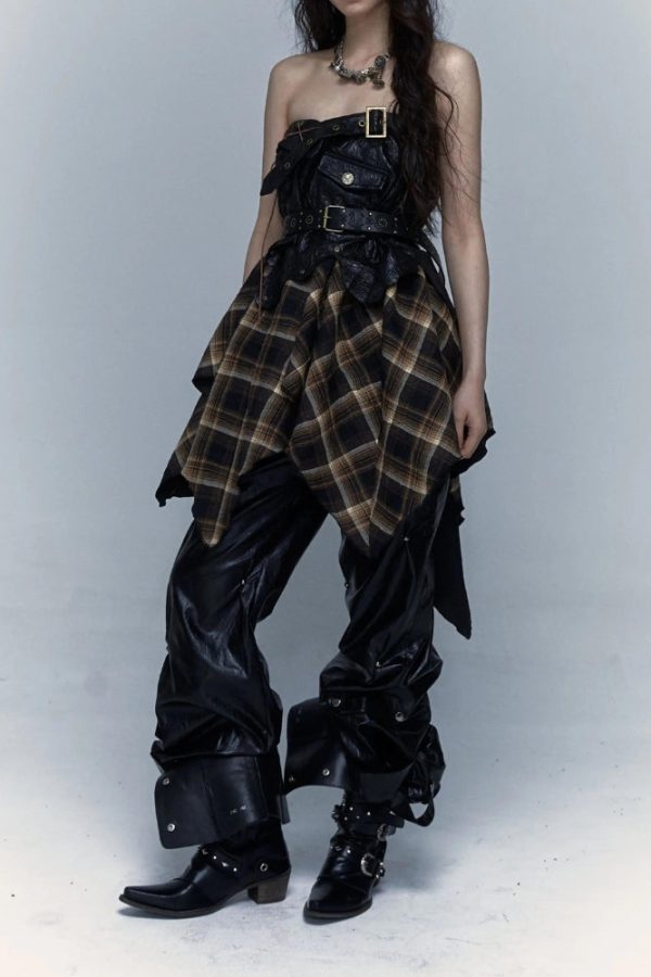 Grunge Faux Leather Plaid Midi Skirt