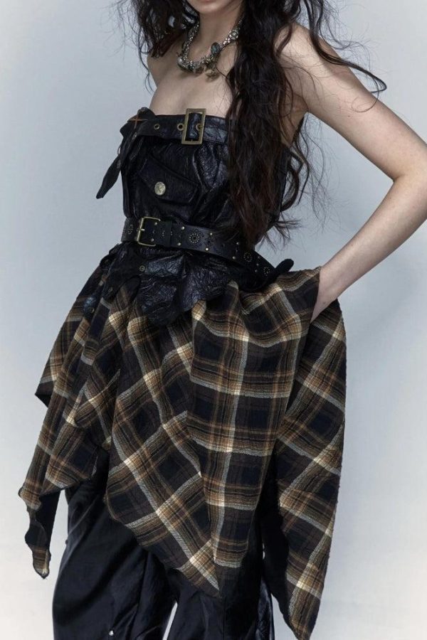 Grunge Faux Leather Plaid Midi Skirt