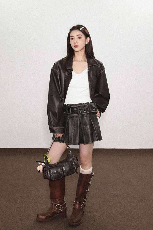 Grunge Faux Leather Pleated Mini Skirt