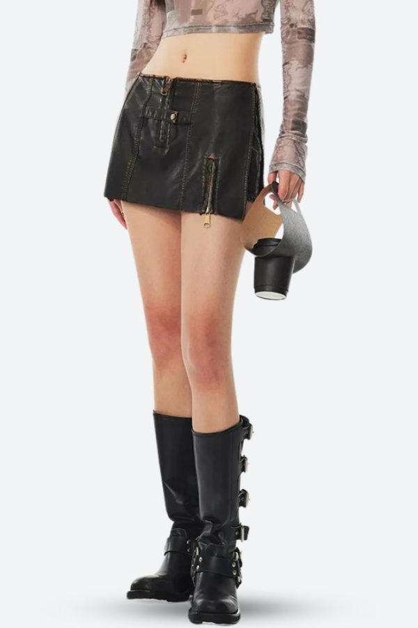 Grunge Faux Leather Slit Mini Skort