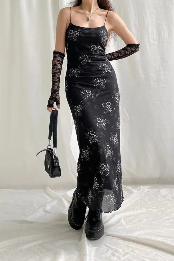 Grunge Floral Mesh Midi Dress