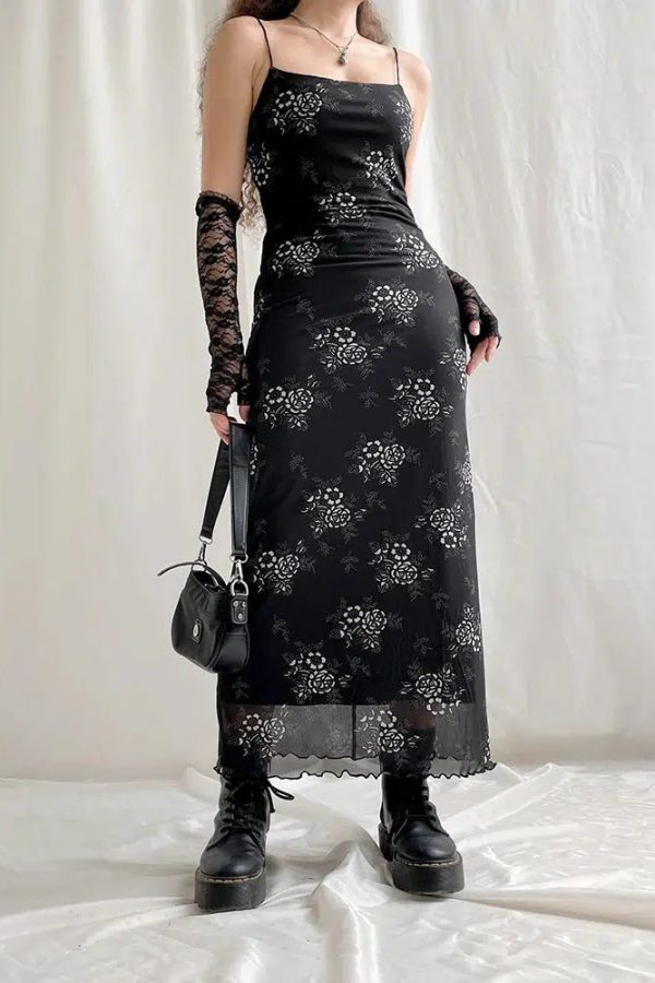 Grunge Floral Mesh Midi Dress
