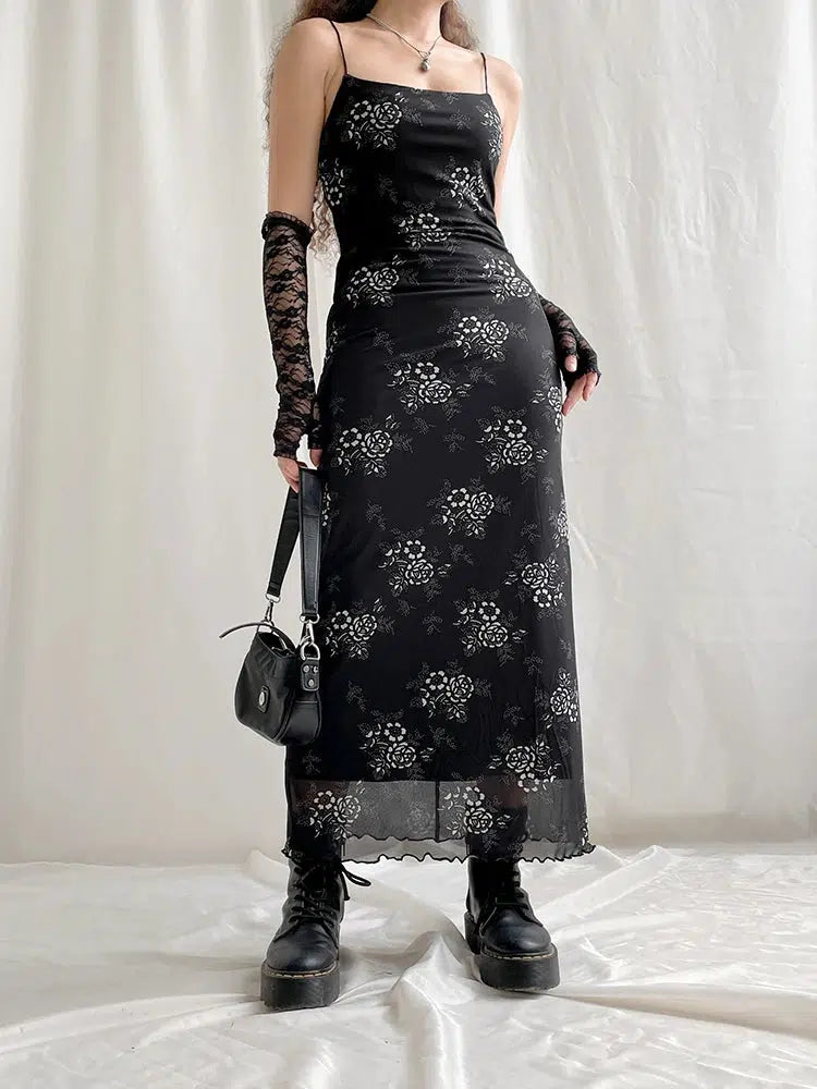 Grunge Floral Mesh Midi Dress Grunge Floral Mesh Midi Dress