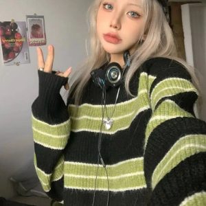 Grunge Green Striped Crop Sweater