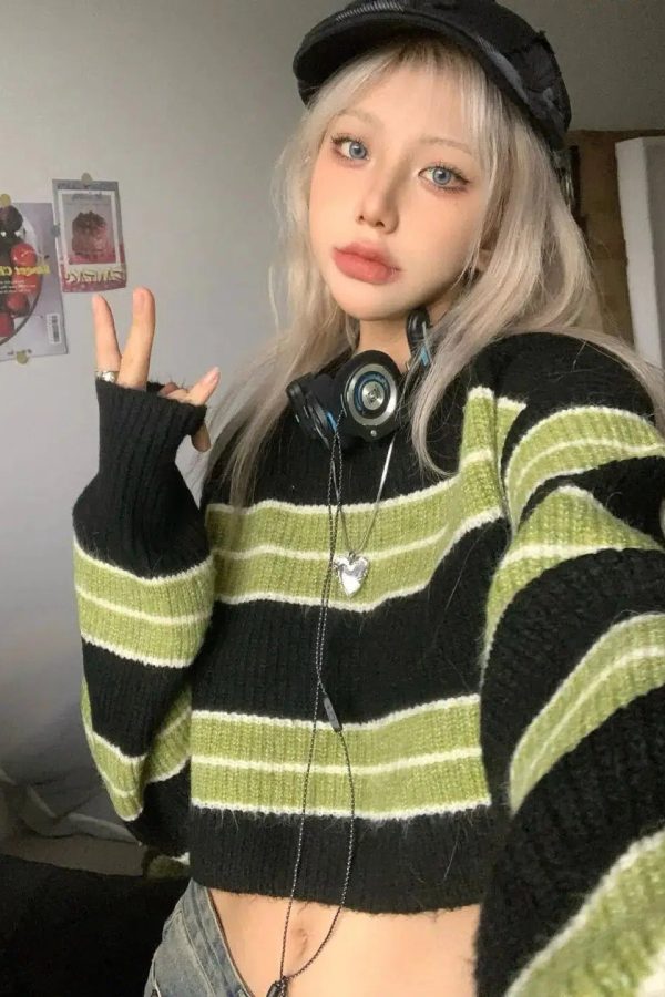 Grunge Green Striped Crop Sweater