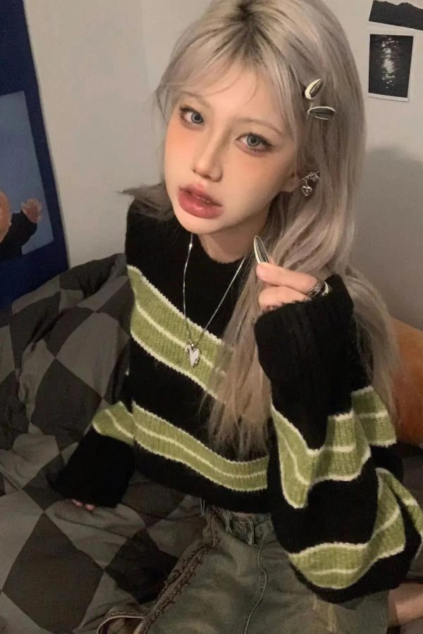 Grunge Green Striped Crop Sweater