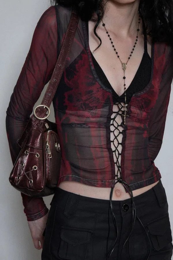 Grunge Lace Up Sheer Top