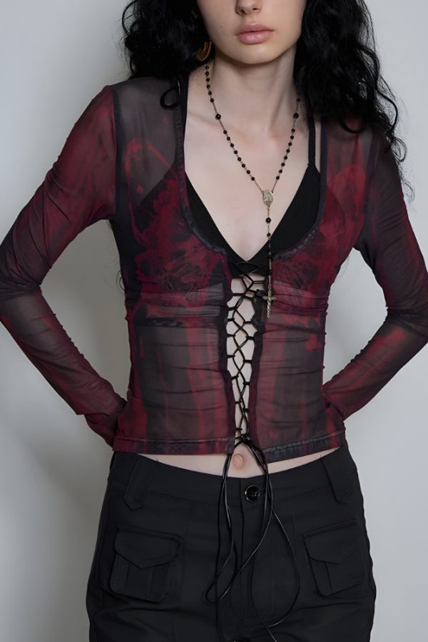 Grunge Lace Up Sheer Top